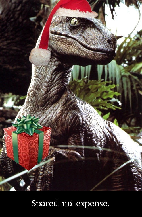 Photoshopped image of a Velociraptor wearing a Santa hat and bearing gifts